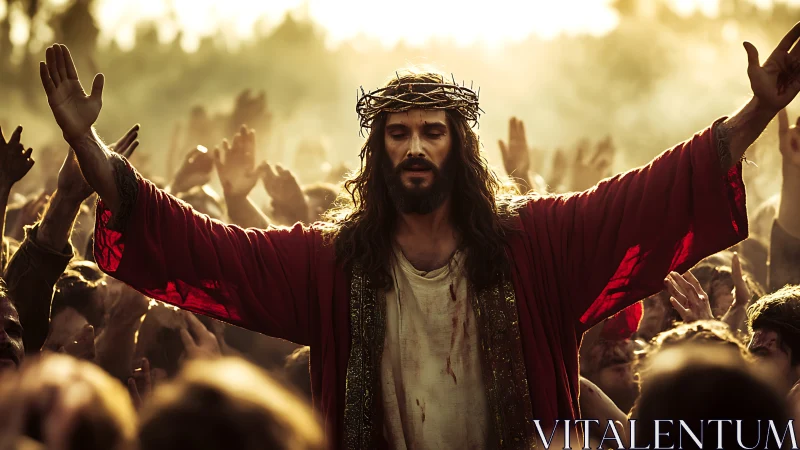 Crowd-focused religious leader in red robe under warm backlighting