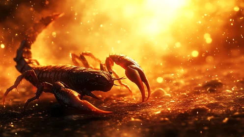Scorpion strides through molten dusk, claws bright with fire