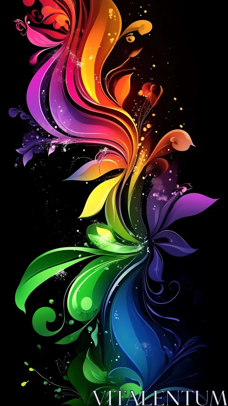 Rainbow floral stream curves through deep black space.