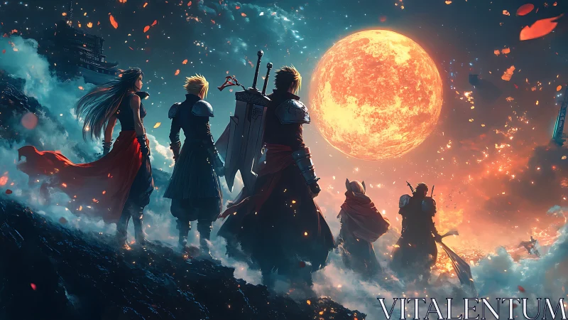 Heroic warriors confront colossal burning moon in mist.