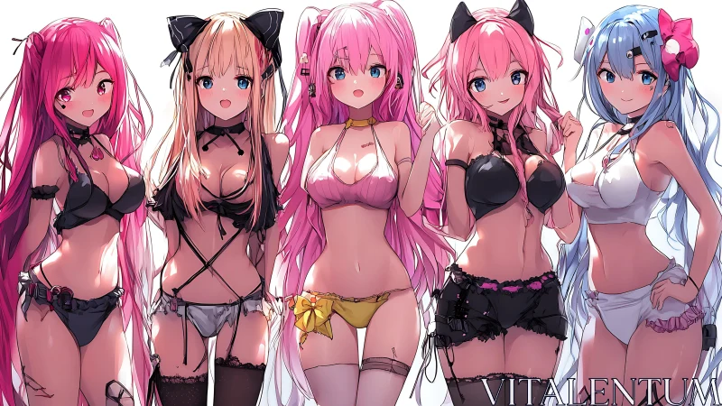 Five stylized anime women in coordinated lingerie outfits.