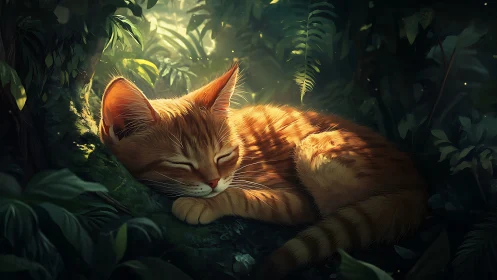 Orange tabby cat rests on moss within dense foliage