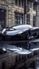 Carbon black hypercar on wet urban street with mirrored reflection
