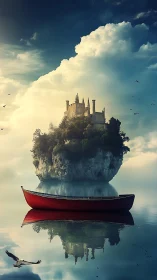 Floating castle island reflected in lake with red boat