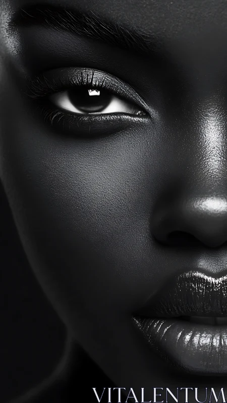 Close monochrome portrait of glossy lips and focused eye.