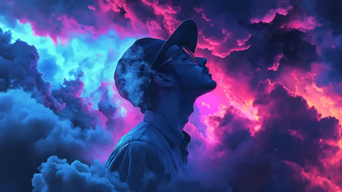 Man in cap within neon blue and magenta cloudscape digital art.
