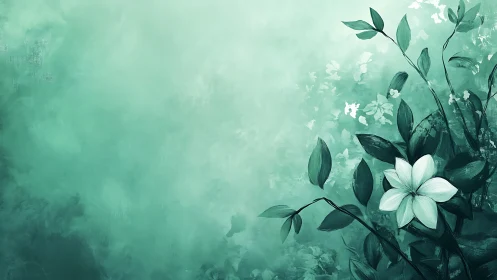 Teal-toned floral illustration with single white blossom.