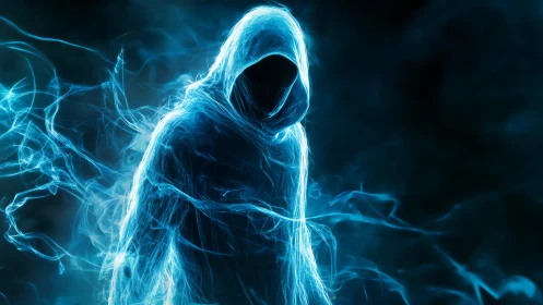 Spectral hooded wraith emerging in electric blue light.