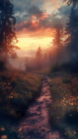 Sunlit forest trail leading toward distant misty peaks.