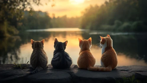 Four Cats in Contemplative Riverside Pose at Golden Hour.