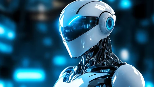 Humanoid robot with sleek white armor in blue light.