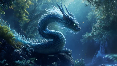 Bioluminescent forest dragon rendered with fine scale texturing and mist