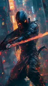 Cybernetic night ninja with blazing katana in neon storm.