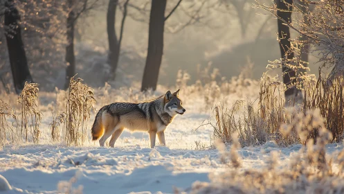 Lone wolf in backlit winter meadow with shallow depth of field