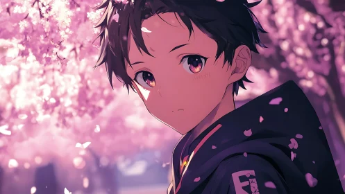 Melancholic anime boy under luminous spring cherry blossoms