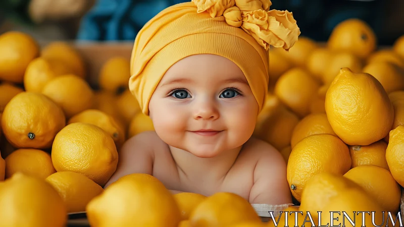 Happy Baby Surrounded by Golden Lemons.