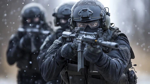 Armed tactical unit advancing in snow-covered outdoor setting.