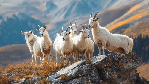 Alpine caprine cohort on lichen-crusted escarpment ridge.