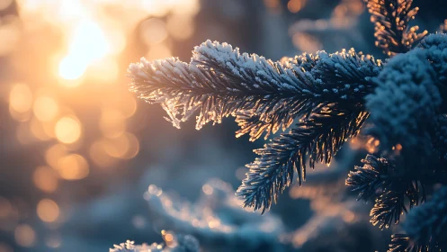 Winter sunrise kissing frosted pine needles with glow.