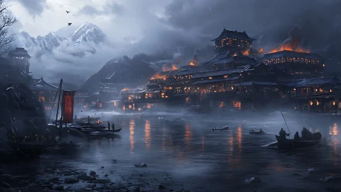 Burning riverside fortress under stormy mountain night