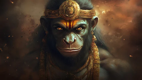 Mythic warrior ape gazes through swirling divine embers