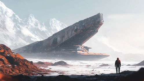 Crashed wedge-shaped starship dominates frozen exoplanet plain