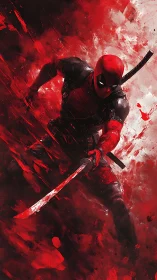 Masked red-suited swordsman lunges forward in chaotic red field