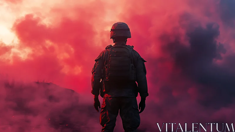 Soldier stands in dense red smoke under diffused backlight