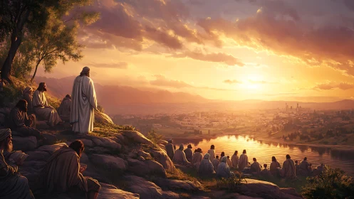 Sunset hillside assembly observing riverine cityscape panorama.