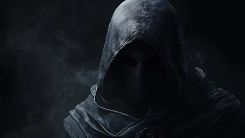Hooded masked figure in dark atmospheric portrait.