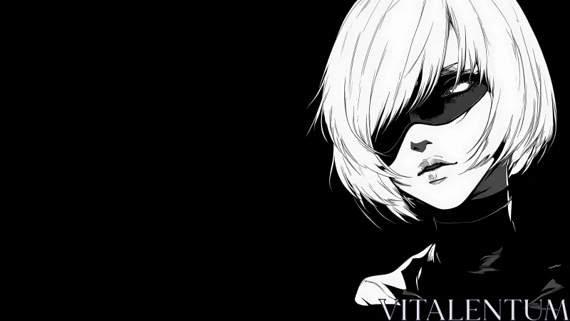 Monochrome cyber heroine framed in quiet negative space.