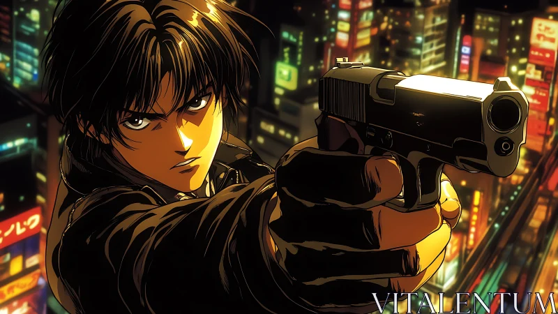 Dynamic anime gunman rendered with high-contrast neon city lighting