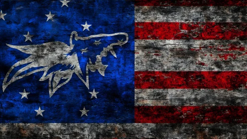 Distressed American flag with abstract eagle emblem overlayed.