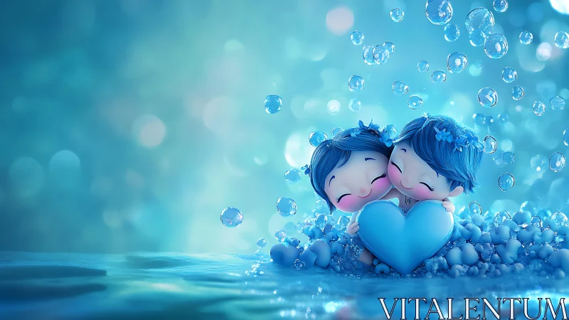 Digital anthropomorphic figures with large blue heart suspended in aquatic environment.