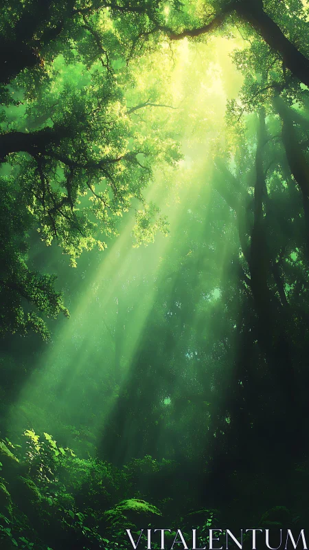 Sunlight penetrating dense green forest canopy layers.
