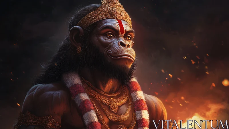 Mythic humanoid ape warrior with firelit garlanded torso