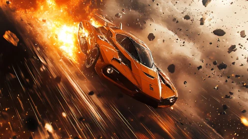 Futuristic orange supercar streaking through fiery meteor storm.