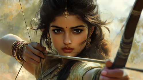 Warrior gaze turns the drawn bow into a quiet thunderstorm