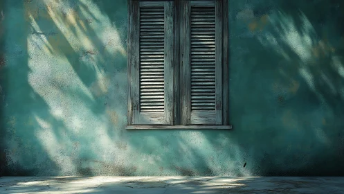 Closed wooden shutters on textured teal exterior wall.