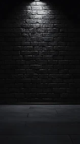 Dark brick wall with overhead spotlight and tiled floor.