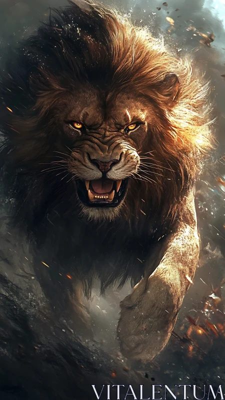 Roaring lion charging forward in a storm of fierce energy.