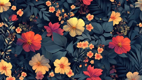 Digital Floral Composition with Layered Warm Tones and Dark Navy Base