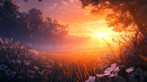 Sunlit wildflower meadow at low horizon sunset view.