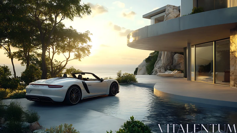 Luxury roadster beside modern cliffside villa at sunset.