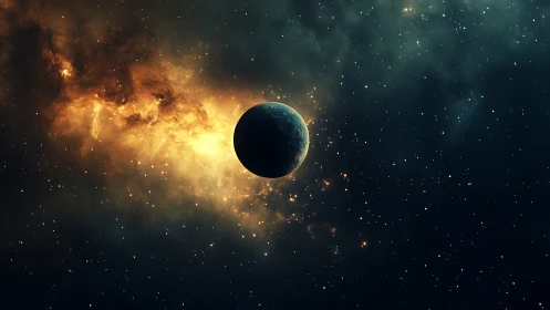 Backlit exoplanet silhouette against luminous nebular field