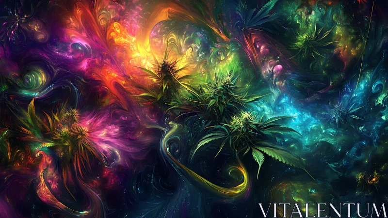 Dreamy cosmic garden of swirling neon leaves and light.