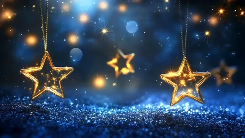 Luminous star ornaments over glittering midnight bokeh field.