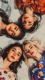 Overhead portrait of four young women in floral fashion circle