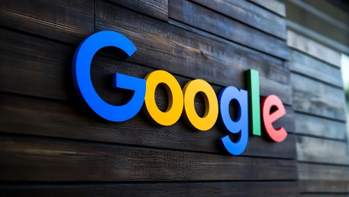 Chromatic Google logotype on textured architectural cladding.