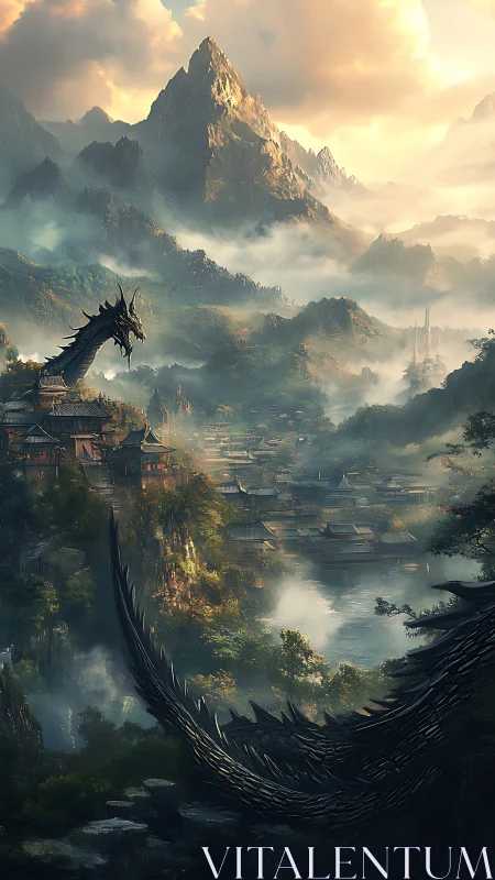 Mountain valley settlement with black dragon presence.